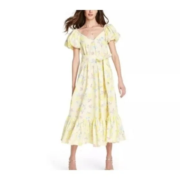 LoveShackFancy x Target Ines Yellow Floral Romantic Cottagecore Midi Dress 8 - Picture 3 of 14